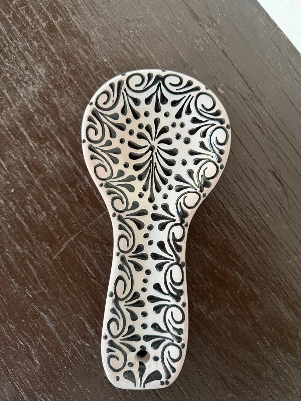 Decorative Talavera Spoon Rest in White and Black
